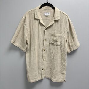 Cotton On Men's Beige Woven Cotton Short Sleeve Button-Up Camp Collar Shirt S